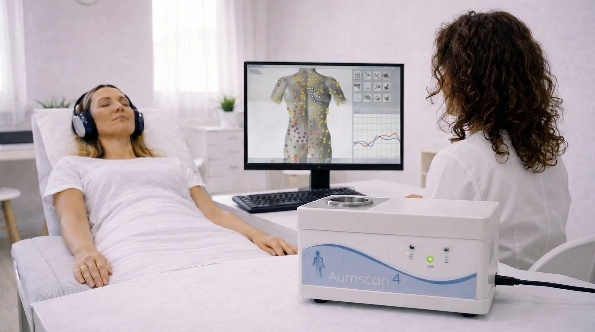 Appareil de biorésonance AumScan connecté à un ordinateur affichant le logiciel d'analyse fréquentielle, utilisé au Cabinet Fleur de Vie à Genève